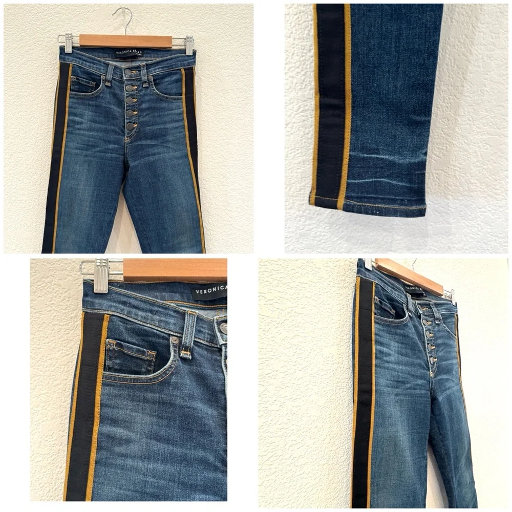 NEW Veronica Beard Crop Slim Fit Button Fly Tuxedo Stripe Jeans in Dark Wash - Picture 11 of 12